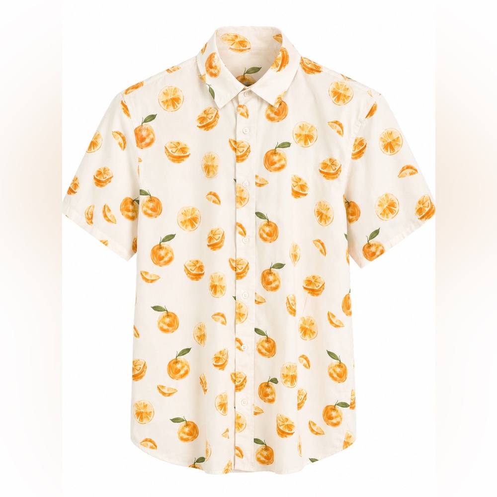 Men's Cream Short-Sleeve Button-Down Shirt with Orange Fruit Print